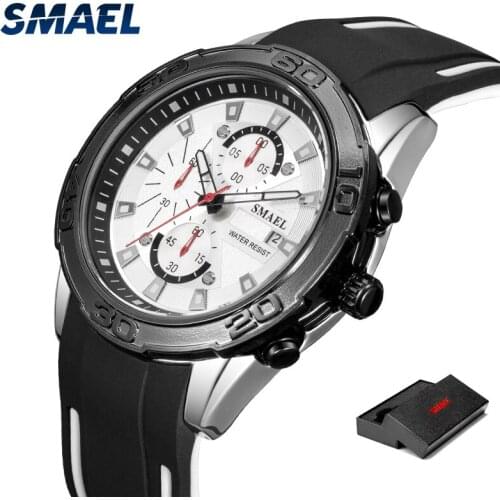 SMAEL Mens Chronograph Analog Quartz Watch with Date, Luminous Hands, Waterproof Silicone Rubber Strap Wristswatch for Man