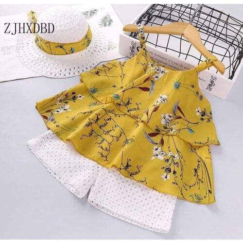 Print Yellow New Childrens Clothing 2 Pieces Sets 2020 Summer Female Sleeveless Top Suit Printing Sling + Shorts Set with Hat