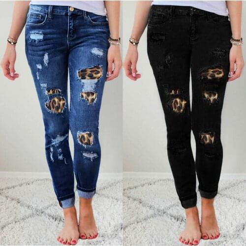 Ripped Jeans for Women Mid Waist Leopard Print Stretch Denim Trousers Casual Streetwear Pencil Pant 2020 New Fall Winter Clothes