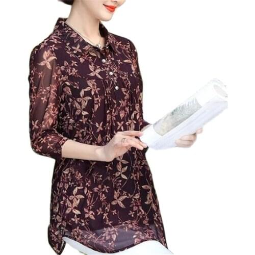 Print Floral Chiffon Dress For Womens Summer Thin Turton-Button Five-Quarter Middle Sleeves.Medium - Length Mesh Shirt 2021