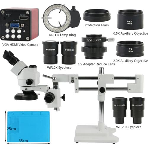 Simul-focal 7-90X Trinocular Double Boom Stand Stereo Zoom Microscope 13MP HDMI VGA Output Industrial Camera 144LED Ring Light