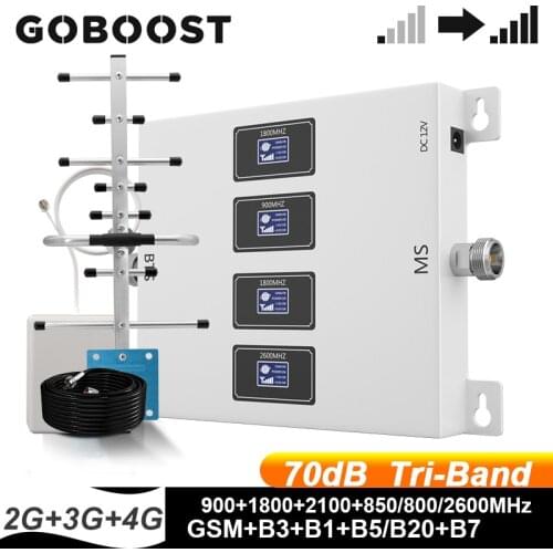Cell Phone Signal Booster B20 2g 3g 850 900 2100 4g Lte 800 1800 2600MHz Gsm Signal Amplifier Four Band Repeater 10M Antenna Kit
