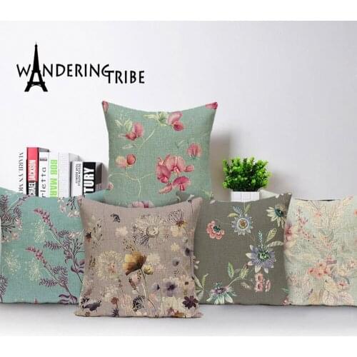 Vintage Decorative Living Room Cushions Spring Plant Floral Cushion Covers Green Sofa Bed Pillows Custom Linen Pillow Case