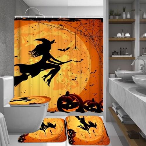 Halloween Waterproof Shower Curtain with Hooks Orange Black Witch Bathroom Curtains Non-Slip Carpets Mat Set