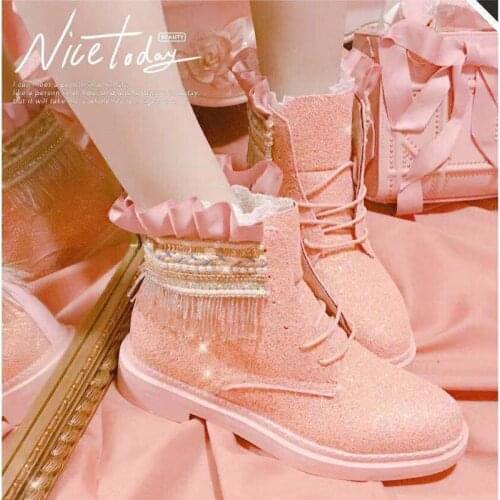 Japanese Sweet Lolita Shoes fringed lotus leaf Martin boots high-top casual shoes Cos Vintage Lolita JK Uniform Lolita Shoes