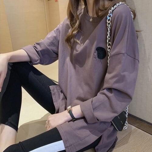 2021 New Autumn Spring Polyester O Neck Long Sleeve womens t shirt Fashion Korean Style Embroidery Oversized t-shirt