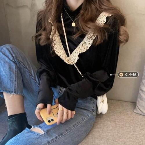 Women Shirt Blouse Autumn Winter Retro Gold Velvet Lace Patchwork Turtleneck Long-Sleeved Top Court Blusas Mujer De Moda