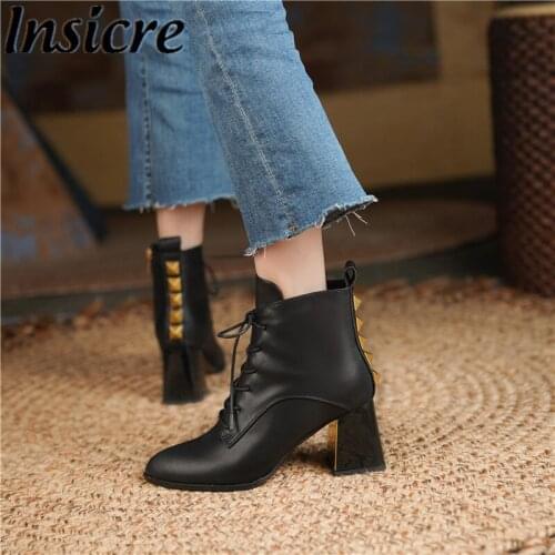 Insicre Women Ankle Boots Black 2021 Winter Shoes Lace Up Thick High Heel Zipper Cow Leather Pointed Toe Rivet Cross Tie