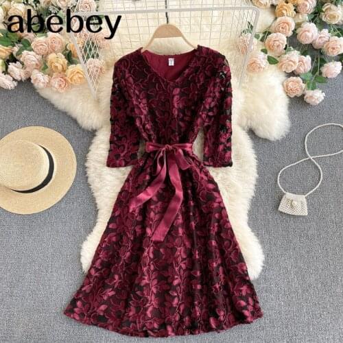 Women Elegant Lace Dress Korean Design Sleeve V Neck Dot Dresses Spring Fashion Casual A-line Streetwear Dress