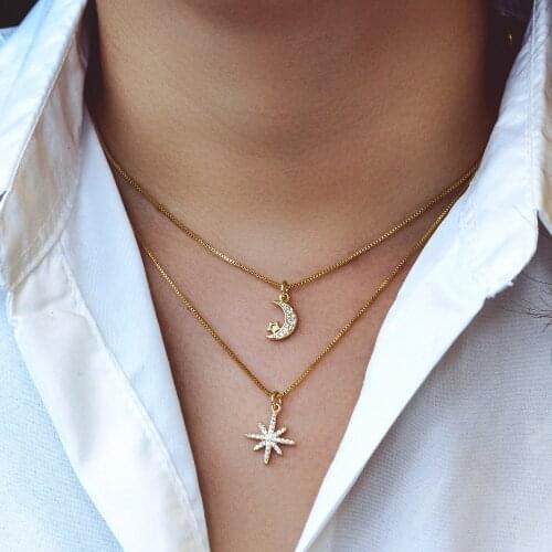 Moon Star Pendant Necklace Women 2021 New Trendy Pave Cubic Zirconia Box Chain Necklace For Women Jewelry Gift