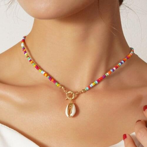 Bohemian Colorful Bead Shell Pendant Necklace Women Simple Long Multicolor Beaded Clavicle Chain Necklace Collares Jewelry
