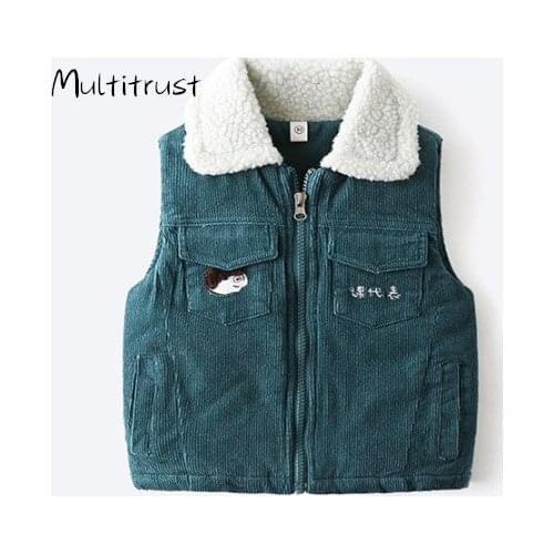 Winter Childrens Cotton Thick Warm Vest Kids Girl Boy Candy Color Fleece Collar Pocket Zipper Corduroy Tops Overcoat