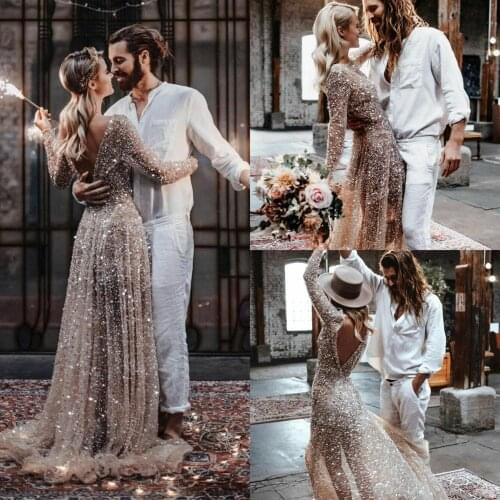 2020 Sparkle Champagne Wedding Dresses Backless vestidos de novia Long Sleeve Plus Size Sequined Bridal Gowns Custom Made