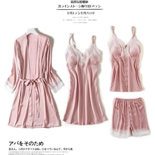 Summer Lace Casual Solid Kimono Bathrobe Gown Lady Satin Long Sleeve Home Dress Nightgown Women V-Neck Sexy 4PCS Robe