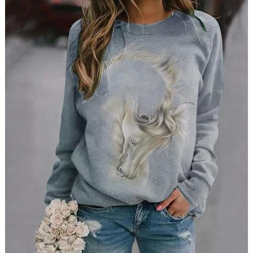 40# Harajuku 3d Horse Printing T-shirts Women Oversized O-neck Splicing T-shirts Long Sleeves Casual T-shirts Tops Футболка