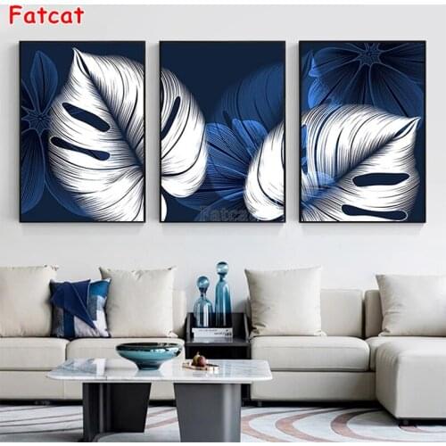Abstract Blue White Plant Leaf 5d Diamond Painting Full Square/round Diamond Embroidery gift mosaic decor nordic picture PP1910