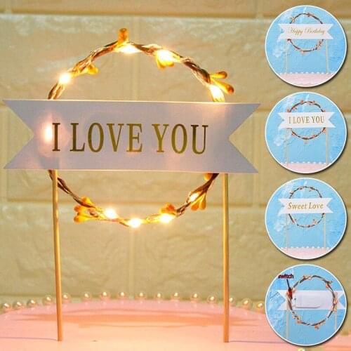Birthday Banner Flag Cake Topper Happy Birthday Card Wreath Led Luminous Iloveyou Kids Cake Decoration Flags Baking Party Supply