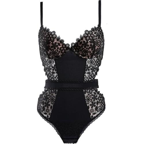 Sexy Bodysuit For Women Lingerie Embroidery Lace Hollow Out Back Padded Cup Underwired One-piece Underwear Sleeveless