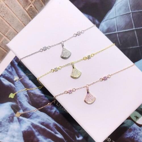 Whole 100% Real 925 Sterling Silver Links Bracelets Lasting Shiny Zircon Delicate Chain Apricot Leaf Pendant Exquisite Jewelry