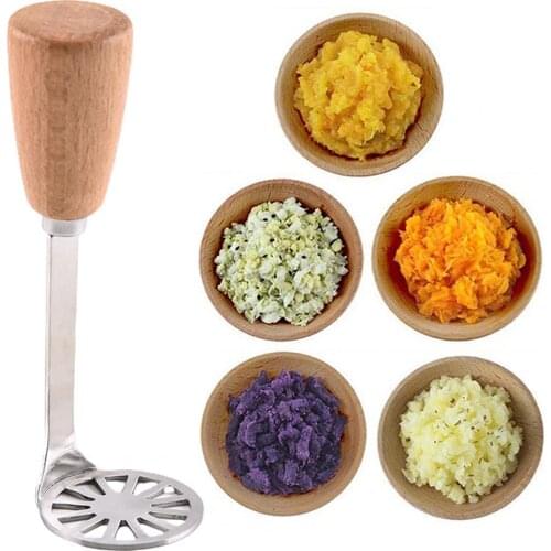 Wooden Handle Stainless Steel Baby Food Supplement Manual Potato Masher Kitchen Cooking Tool