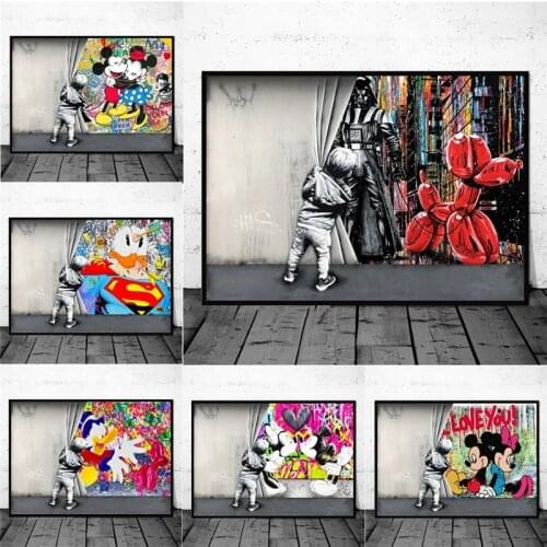 Disney Mickey Love Child Behind the Curtain Canvas Paintings Banksy Street Graffiti Art Posters and Prints Donald Duck Cuadros