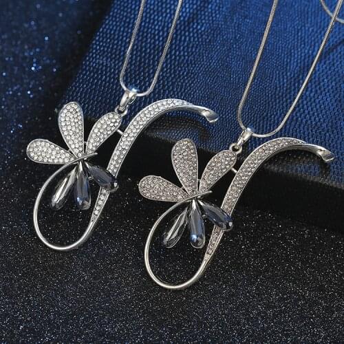 Saxophone Long Necklaces Silver Chain Full Rhinestone Statement Necklace Pendant Crystal Star Collier Gift for Girls Dropship