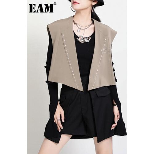[EAM] Women Loose Fit Line Split Joint Short Irregular Vest New V-collar Sleeveless Fashion Tide Spring Autumn 2021 1DD0347