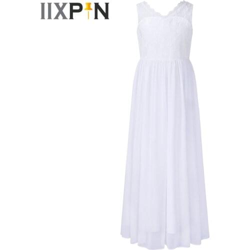 Elegant Girls V-Neck Hollow Out Lace Dresses Wedding First Communion Long Flower Girl Dress Kids Princess Dress Up Party Costume