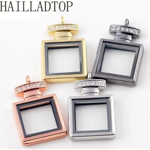 Perfume Bottle Floating Locket For Charms Openable Magnetic Glass Locket Pendant Silver Gold Color Rhinestone Necklace Women