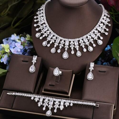 Janekelly 4pcs Bridal Zirconia Full Jewelry Sets For Women Party, Luxury Dubai Nigeria CZ Crystal Wedding necklace sets