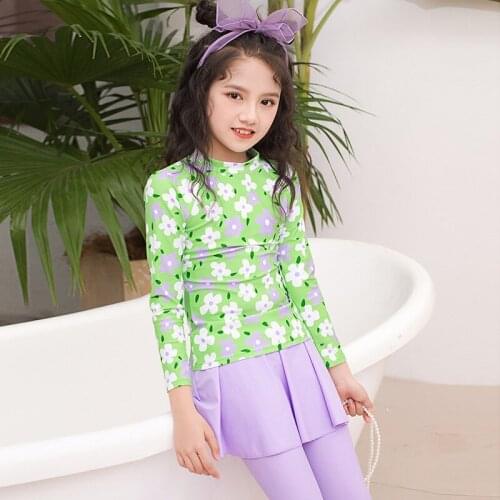 2021 Summer New Kids Swimwear Sweet Floral Print Sun Proof Long Sleeve Baby Girl Swimsuit 2 Piece Set Hot Spring Surfing Suit