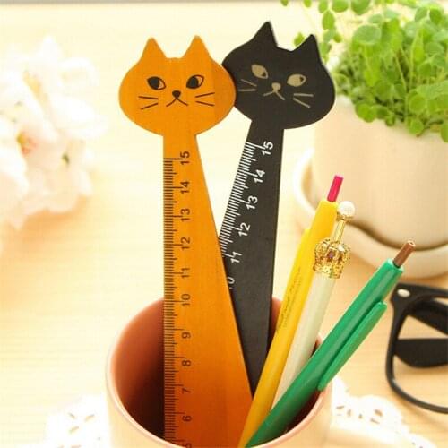 Hot sale Lovely Cat Shape Ruler Cute Wood Animal Straight 15cm Ruler Gift For Kids School Supplies Stationery Black Yellow 1 PCS