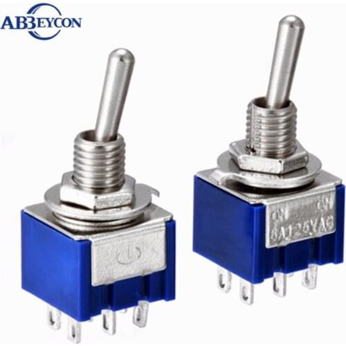 5PCs Miniature Toggle Switch Double Pole Double Throw DPDT (MTS202) ON-ON 120VAC 6A 1/4 Inch Mounting MTS-202