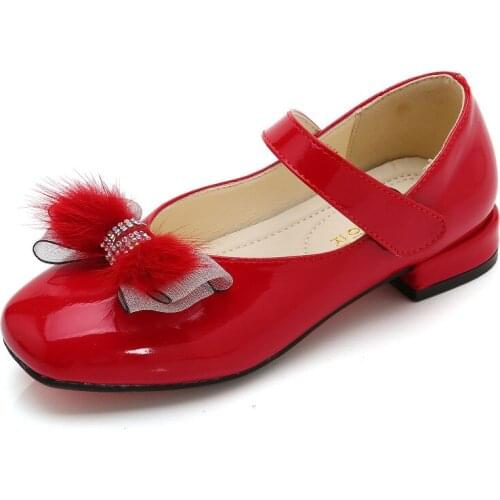 Fashion New Hairy Bow Kids Wedding Low-Heeled Shoes For Girls Dress School Shoe Princess Leather Shoes 4 5 6 7 8 9 10 1112 Year