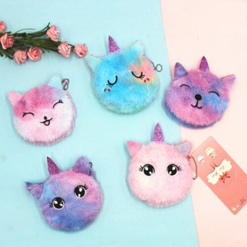 Cartoon Plush Coin Purse Cute Cat Fur Circle Wallet Girl Clutch Embroidered Bag Key Earphone Organizer Pouch