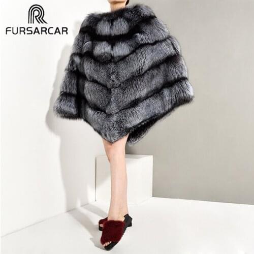 FURSARCAR Winter New Real Silver Fox Fur Cape Women Thick Warm Luxury Fur Wrap Fashion Shawl Female Fox Fur Poncho O-Neck
