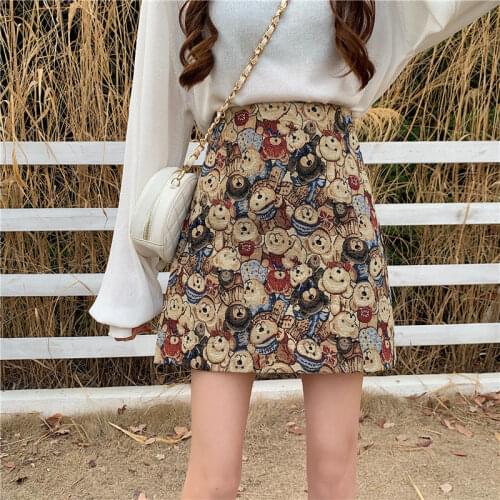 2021 Autumn and Winter Retro Print Bear Skirt Plus Size High Waist Woolen A-line Skirt Student Bag Hip Short Skirt Female