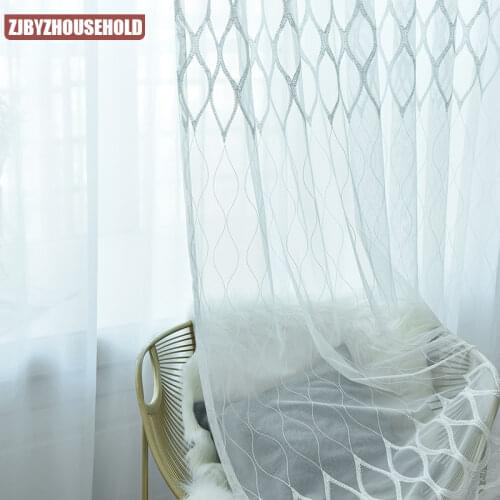 Simple Curtain for Living Room Bedroom Geometric White Screen Window Embroidery Screen Window Custom Tulle
