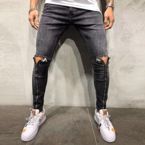 New Ripped Pencil zipper Jeans Men Skinny Denim Biker Jeans Destroyed Hole Hip Hop Slim Fit Man Jean Pantalon