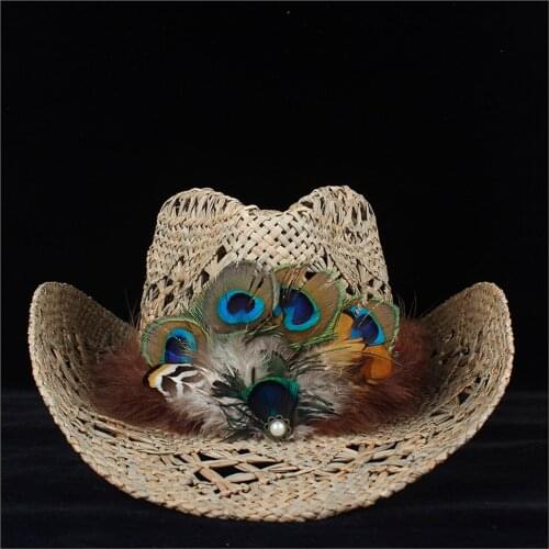 Retro Women Straw Hollow Western Cowboy Hat Lady Handmade Peacock Feather Sombrero Hombre Cowgirl Jazz Sun Caps Size 56-58CM