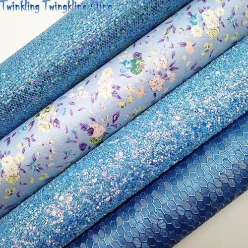 Blue Glitter leather, Flowers Printed Synthetic Leather, Honeycomb embossed Faux Fabric For Bow A4 21x29CM Twinkling Ming KM160