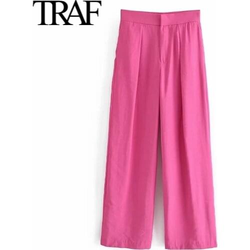 Traf Za 2021 Spring Autumn Wide Leg Pants Streetwear Women Clothes High Waisted Loose Pants Chic Office Ladies Trousers