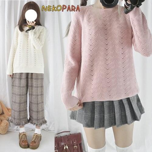 Mori Girl Daily Hollow Out Cute Womens Knitted Sweater Pullovers O-neck Autumn,Winter Retro Sweaters Color Beige Pink Blue