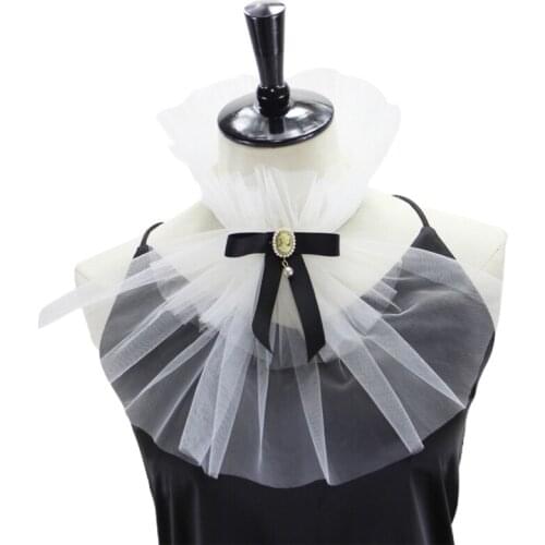 Victorian Ruffled Mesh Jabot Diamond Bowknot Pirate Colonial Detachable Fake Stand Collar Vintage Shirt Front Necktie