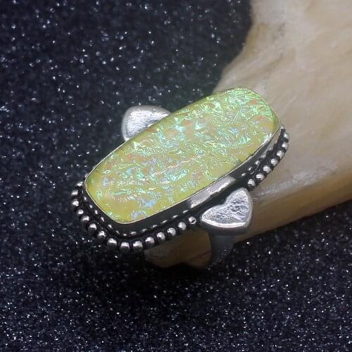 Vintage Solitaire Yellow Dichroic Glass Silver Color Jewelry Band Ring For Women Size 7.5 HD565