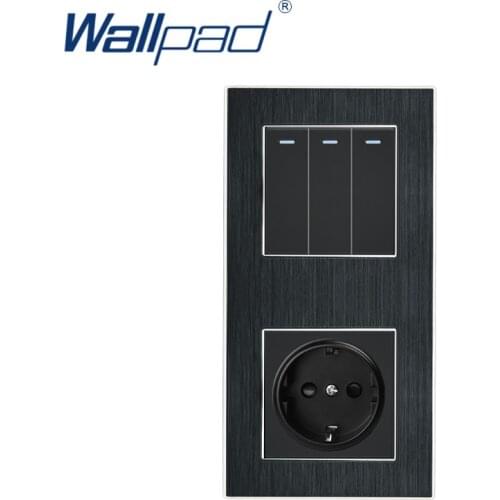 3 Gang 2 Way with EU Socket Wallpad Luxury Satin Metal Panel Push Button Rocker Wall Light Switch + EU Socket 110V-250V