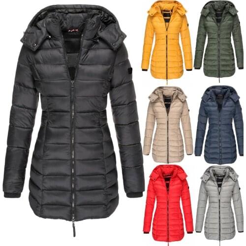 Women Solid Long Sleeve Hooded Removable Outwear Zipepr Ladies Winter Warm Coat Long Cotton Padded Slim Jacke