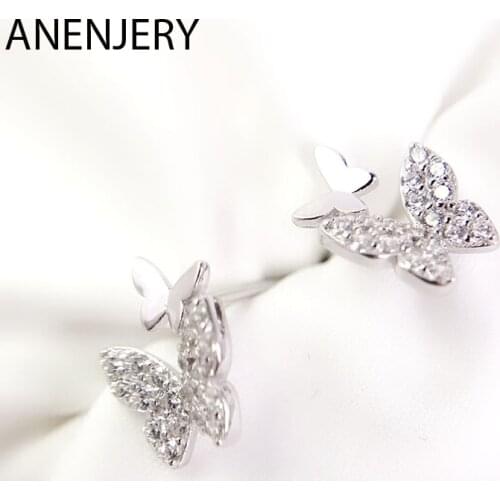 ANENJERY 925 Sterling Silver Prevent Allergy Zircon Butterfly Earrings For Women Girl Gift pendientes oorbellen S-E931