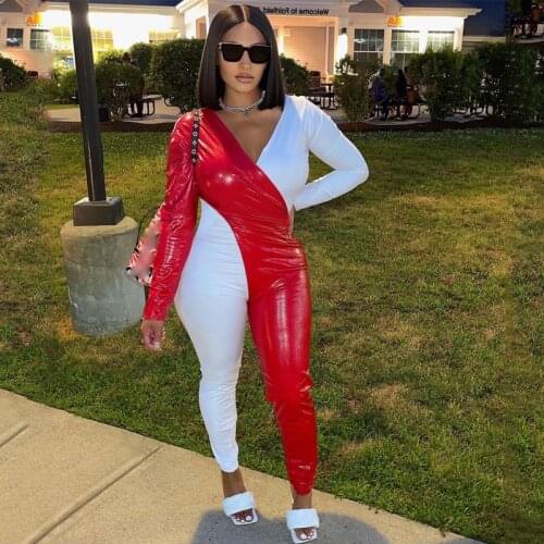 Women Contrast Color Sexy V Neck Skinny Jumpsuit Faux Leather PU Patchwork One Piece Rompers 2021 Autumn Bodycon Erotic Costumes