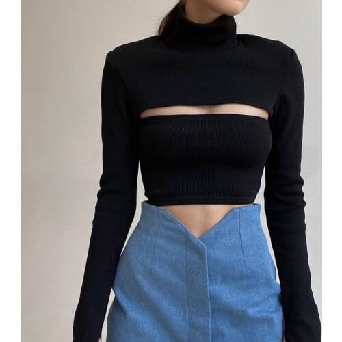 Y2k Women Fashion Tops Simple Design Sexy Solid Color Sweater with Hollow Chest Slim Fit High Collar Long Sleeve Short Jacket